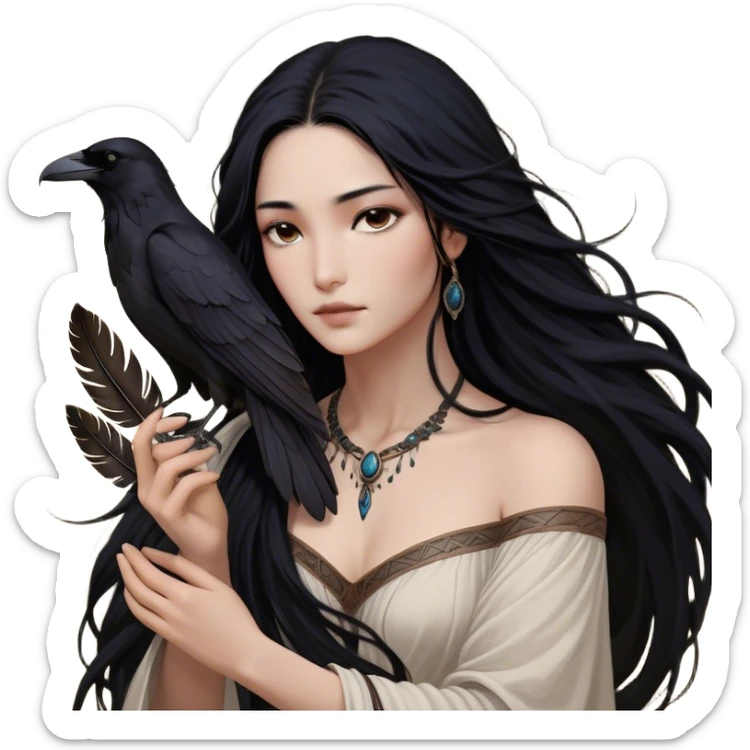 Cinematic Realistic Pocahontas Portrait, depicted with lifelike skin texture, soft natural lighting, and intricately detailed long, flowing raven-black hair that moves gracefully in the wind. Her deep, soulful dark brown eyes exude wisdom and strength, complemented by a serene yet powerful expression. She is shown gently holding a feather in one hand, her other hand resting lightly at her side, embodying the harmonious balance between nature and herself. She is dressed in her classic one-shoulder native American dress, with rich fabric textures and delicate beaded details that catch the light beautifully. The portrait features a soft, sun-kissed glow with a natural, radiant finish, capturing the essence of untamed beauty and deep connection to nature in a realistic and painterly style, evoking a sense of depth and authenticity. sticker