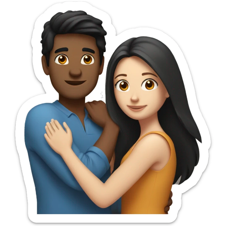 Friends hugging each other. Indian man with black hair. White woman with blue eyes and long brown hair sticker