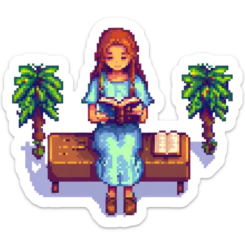 a girl reading the Bible, pixel art style, detailed pixel design, vibrant colors sticker