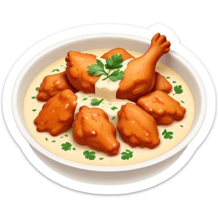 Butter Chicken Cinematic Realistic Butter Chicken Dish Emoji, depicted as tender chicken pieces sliced up and bathed in a creamy white sauce garnished with fresh cilantro, rendered with rich textures and vibrant, appetizing lighting. sticker