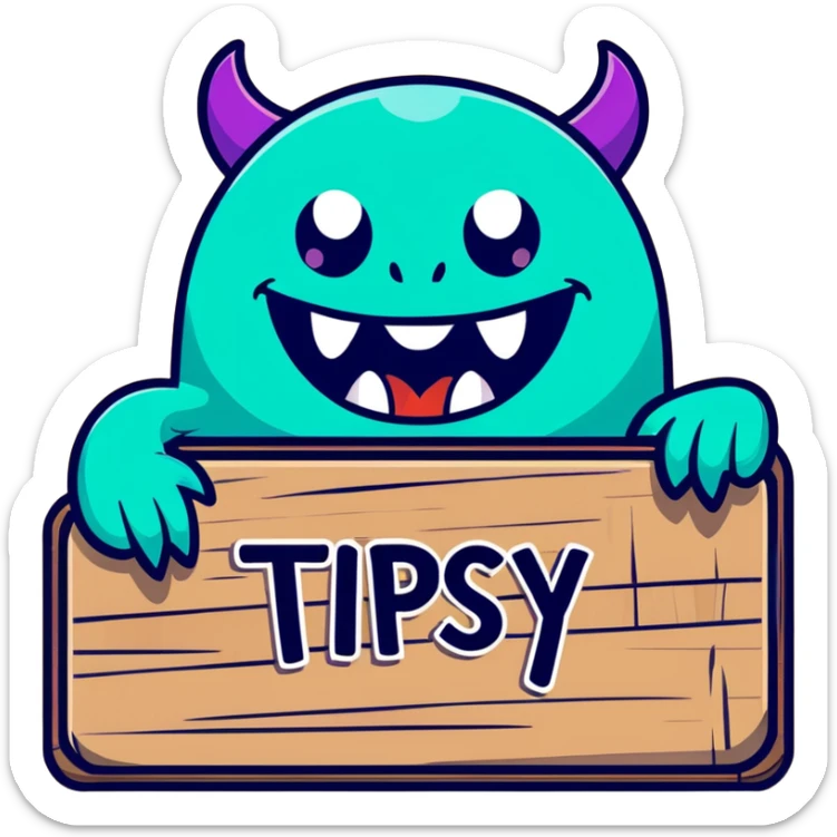 Fantasy tavern wooden sign with "Tipsy Mimic" name, with monster teeth and tongue sticker