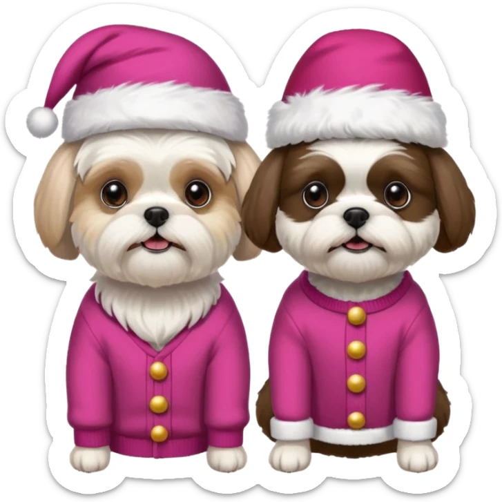 two dogs one little white all over shih tzu dog with pink santa hat and one bigger mostly white with black havanese dog wearing red christmas sweater and red christmas hat sticker
