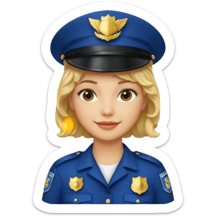 A light-skinned woman with short curly blonde hair, wearing a navy police hat with a badge, and a calm smile. sticker