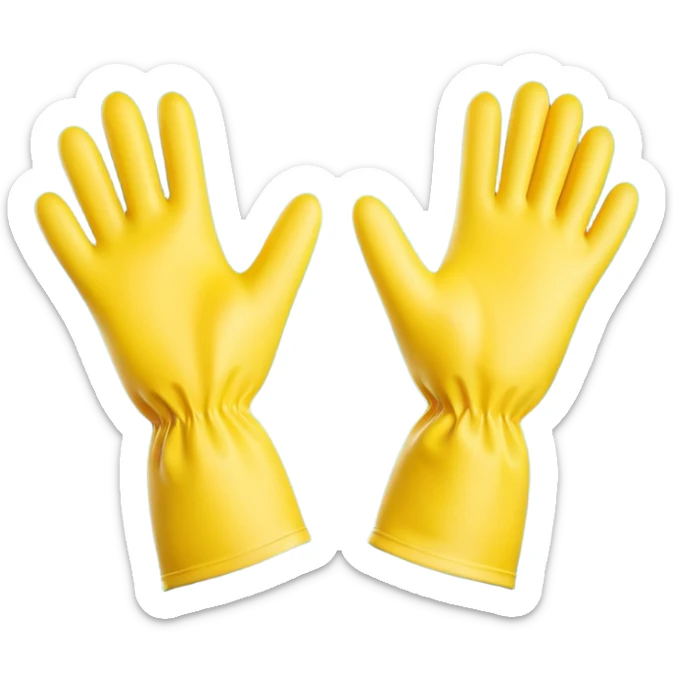 pair of bright rubber gloves with long cuffs and slightly curved fingers, suggesting flexibility and grip, vibrant yellow color, soft matte finish, gentle creases indicating use, no sponge, soap, or sink, soft lighting, subtle shadows, emoji scale sticker