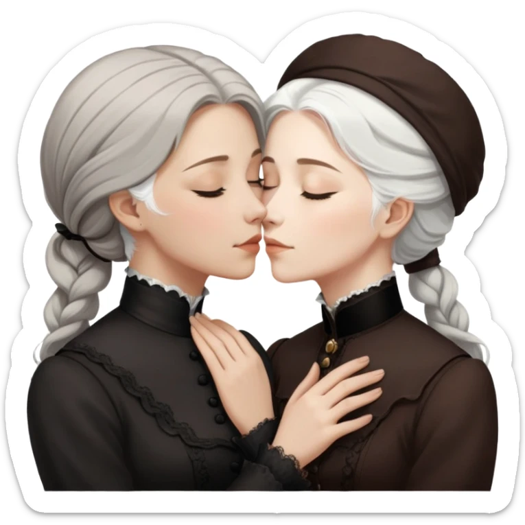 eyes closed lesbian kiss between modest Victorian women, one with white hair and one with brown hair, wearing dark outfits sticker