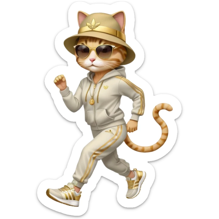 female cat with strong Run DMC hip-hop vibes, bold tracksuit, Adidas sneakers, gold chains, fedora hat, dark sunglasses, jogging upright sticker