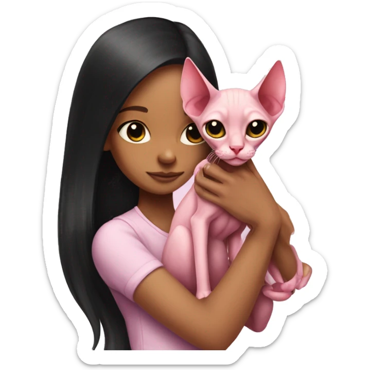 pink sphinx cat in the arms of a girl with long black hair sticker
