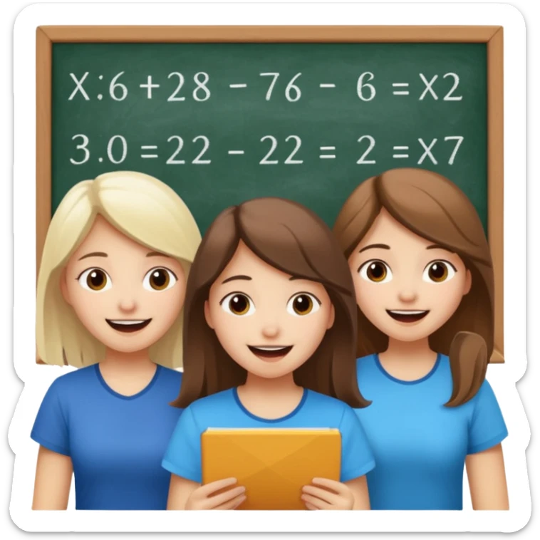 Mexican brown haired girl, white blond haired girl, and white brown haired girl all trying not to laugh while doing math sticker