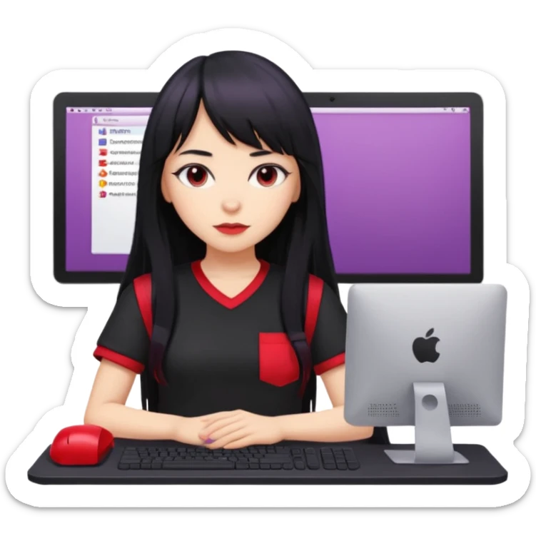 lilac girl with long hair and bangs worker and acessories with a pc worten the clothes black like an alternative bue the shirt in red with worten on the right side very small sticker