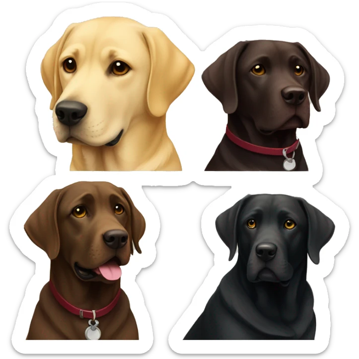 Two Labradors together, the black Labradors has a burgundy collar and the yellow Labrador has a beige collar  sticker