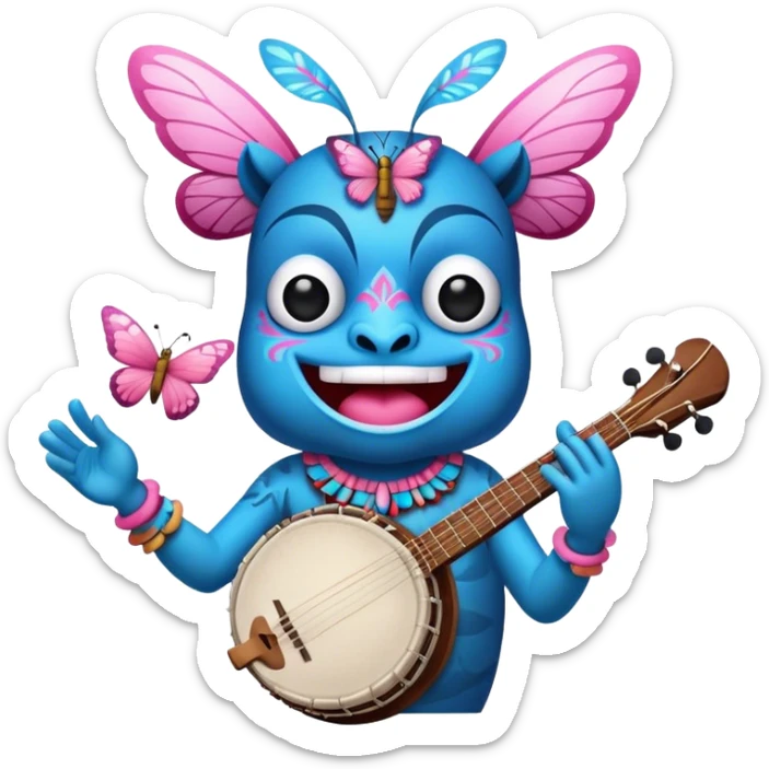Pixar style little Blue and pink tiki singing with a butterfly and playing a banjo, ultra detailed and lifelike imagery, realistic sticker