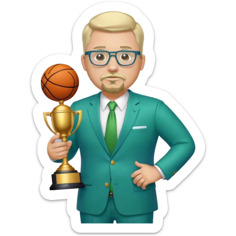 Full Body white fat male  wearing glasses with a goatee with light blonde gray very short hair basketball head Coach in blue and green suit holding trophy sticker