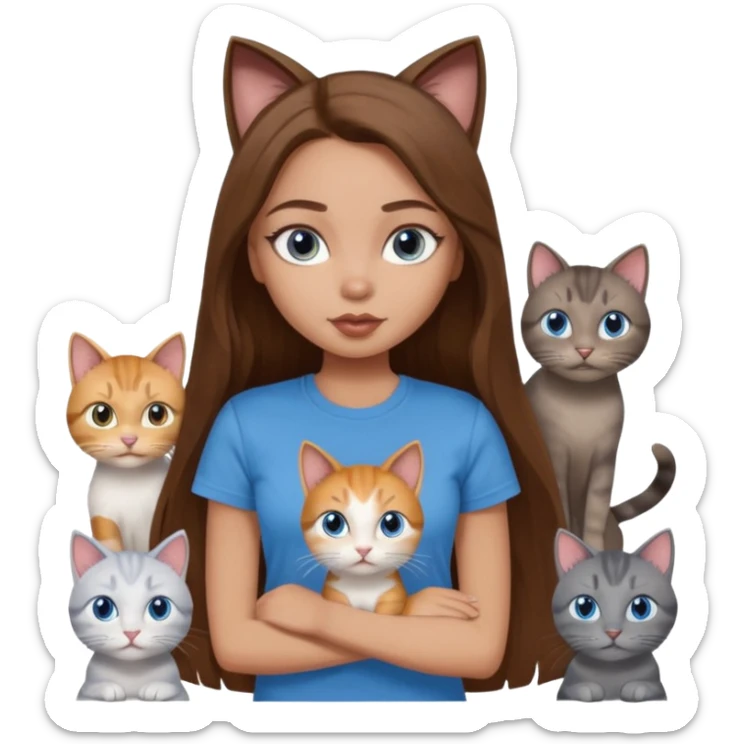 a pretty bratz dusky light skin girl with long brown hair, blue eyes with six cats nd wearing a grey tshirt sticker