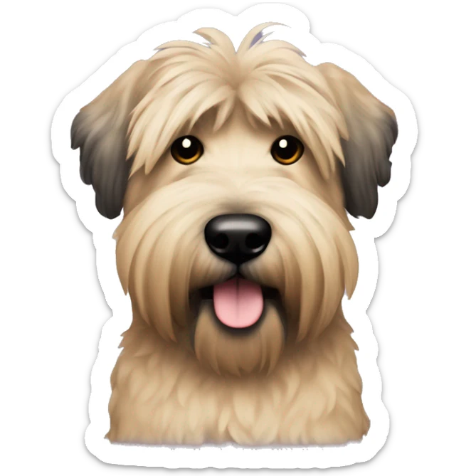 Wheaten terrier with long fluffy hair, black ears and black chin sticker