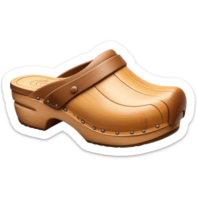 Cinematic Realistic Wooden Clogs Emoji, depicting the classic handcrafted footwear with a smooth, curved design and sturdy wooden soles, rendered with rich textures and warm, natural lighting. sticker