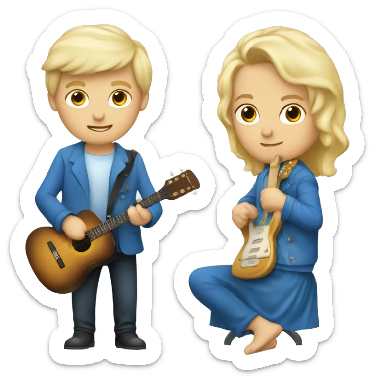 een blonde jongen met een blauwe badjas en een blauwe gitaar die op een stoel zit sticker