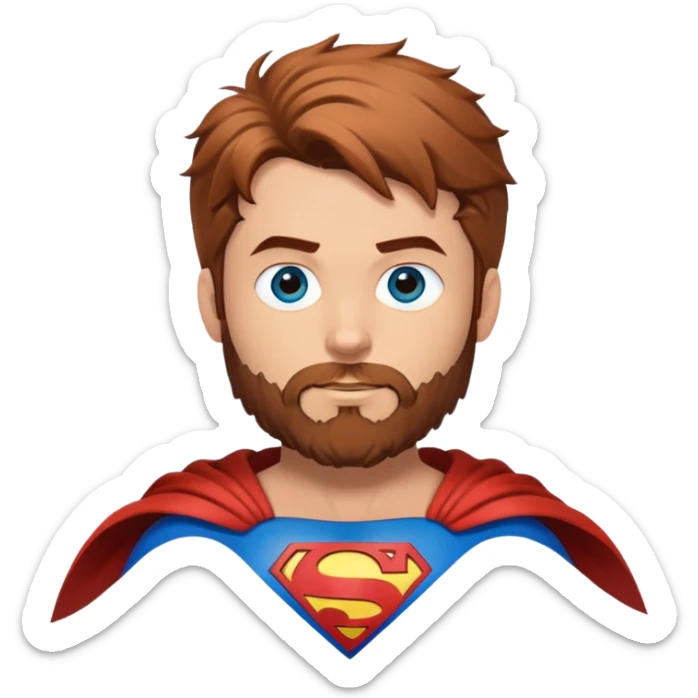 Flying superman costume with shaggy redish brownish hair, blue eyes no capacity full scruffy beard sticker