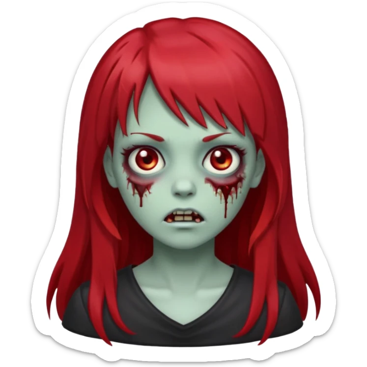 zombie girl, with dark, long red hair and bangs on forehead. Emoji in iOs style. sticker