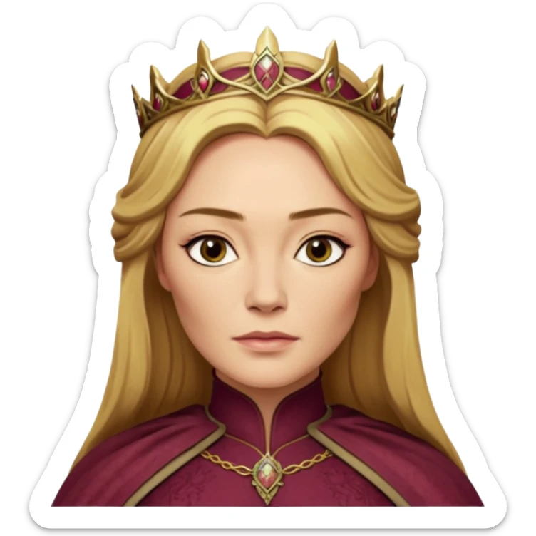 Cinematic Realistic Cersei Lannister Portrait, depicted with lifelike skin texture, subtle rosy undertones, and soft natural lighting that enhances the gentle contours of her face. Her intricately detailed golden blonde hair is elegantly styled , sticker