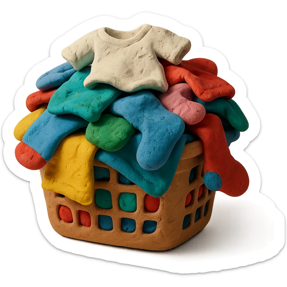 overflowing laundry basket, mix of socks and t-shirts, playful look, claymation style sticker
