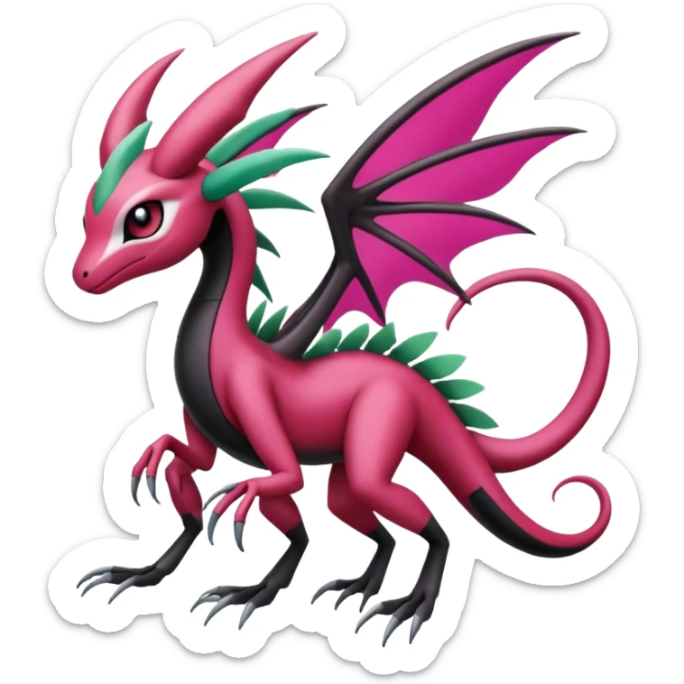 Magenta, black and white Meloetta-Flygon-Gorebyss-Salandit-Silvally-Pokémon-Fakémon-creature-fusion-hybrid sticker