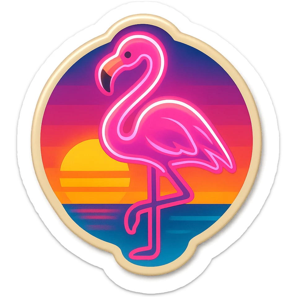 emoji inspired by Miami Vice, pink flamingo, neon lights, sunset background sticker