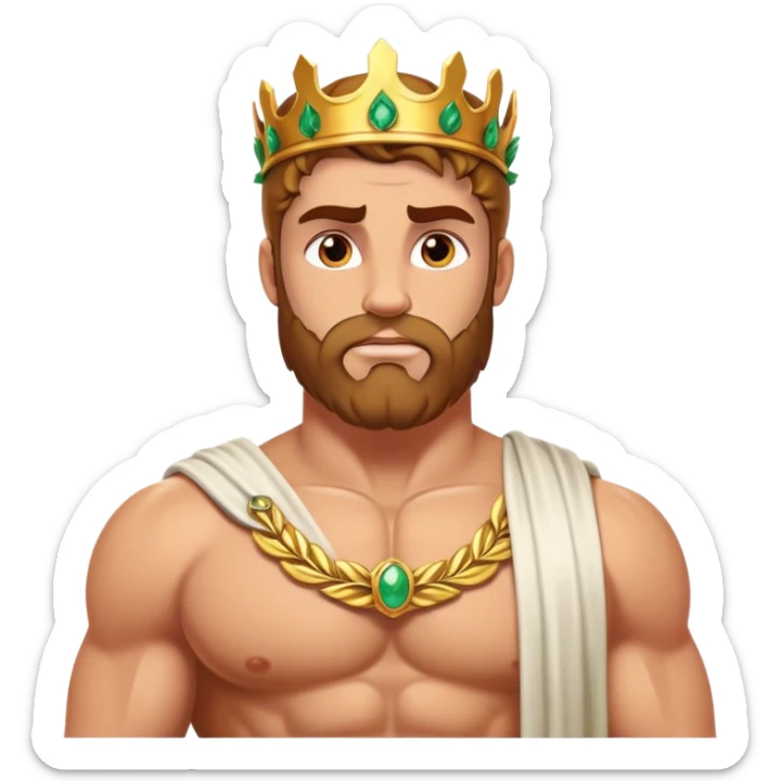 Cinematic Realistic Hercules Portrait, depicted with lifelike, sun-kissed skin and a robust, muscular physique that radiates both power and gentle nobility. His intense, kind eyes and regal expression are complemented by classical Greek attire and a laurel crown, rendered under dynamic lighting that highlights every chiseled detail. sticker