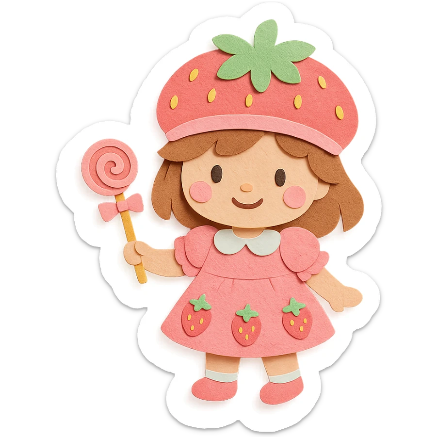 little girl in a strawberry shortcake dress, holding a candy wand, pastel background, paper craft style sticker