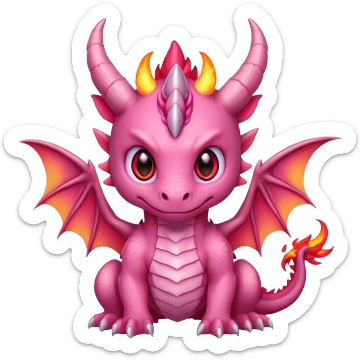 cute pink baby dragon, small flames, glowing eyes, horns and wings, epic fantasy kawaii style, strong aura, bold outline, transparent background, twitch emote sticker