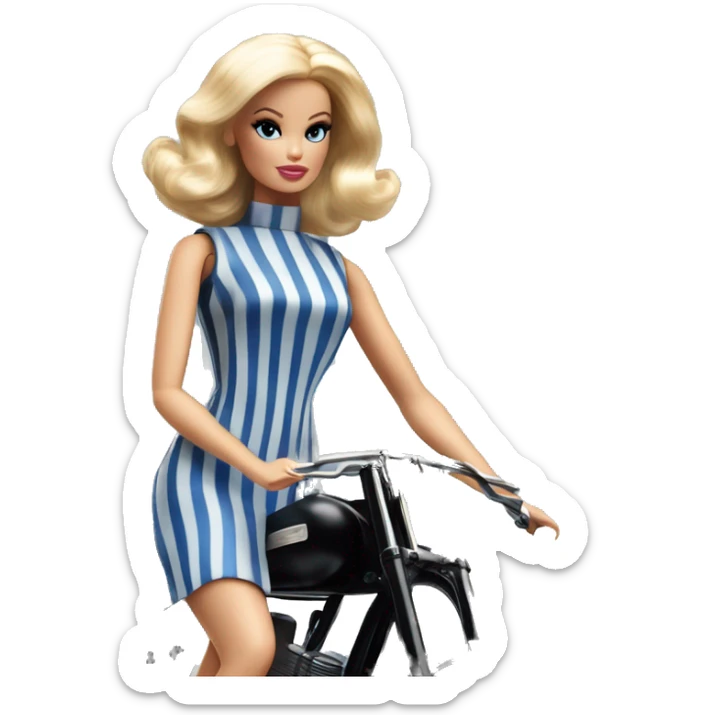 Blonde Silkstone Barbie enid sinclair from academy in a blue and black vertically-striped classic dress. riding hot rod bikes with crows sticker