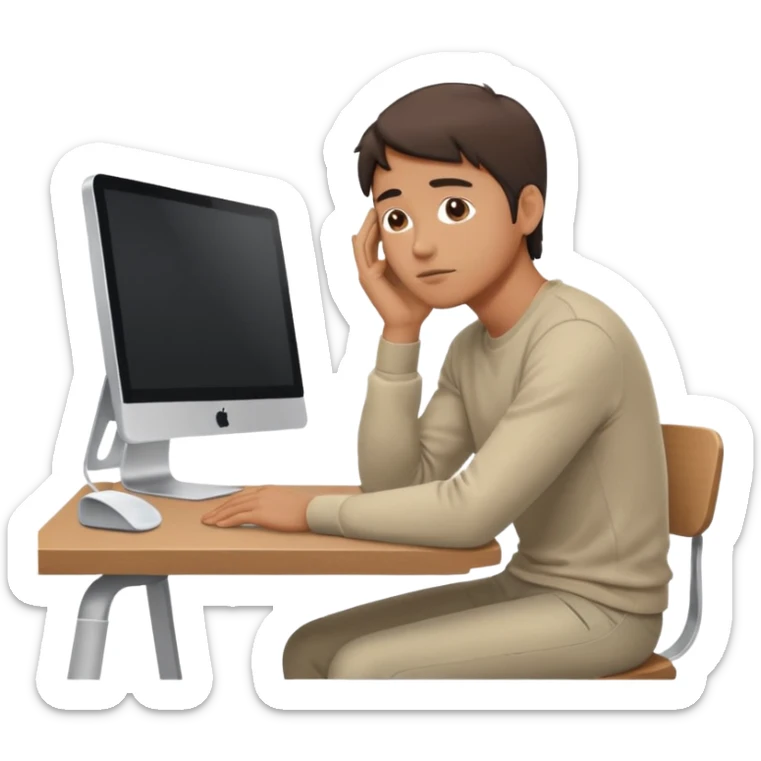 emoji of a man sitting at the table with an imac on it, a man is sitting in a very thoughtful pose, he has his hands on the table and his head resting on them sticker
