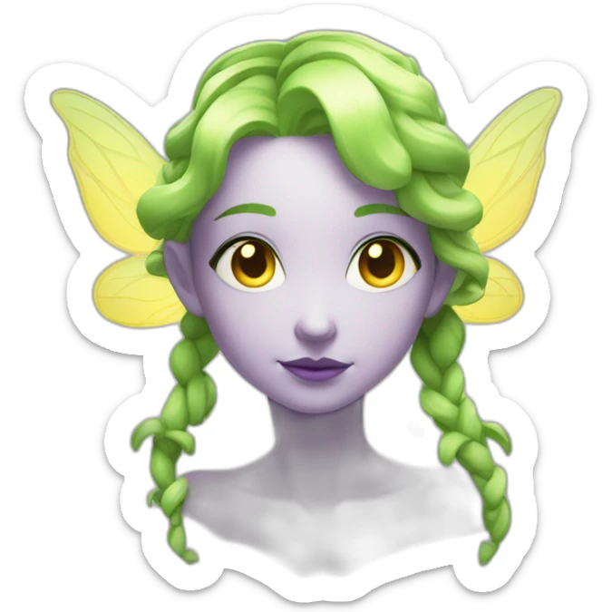 bust of a pale fairy with purple hair in a cascading braid and translucent yellow wings and green eyes sticker