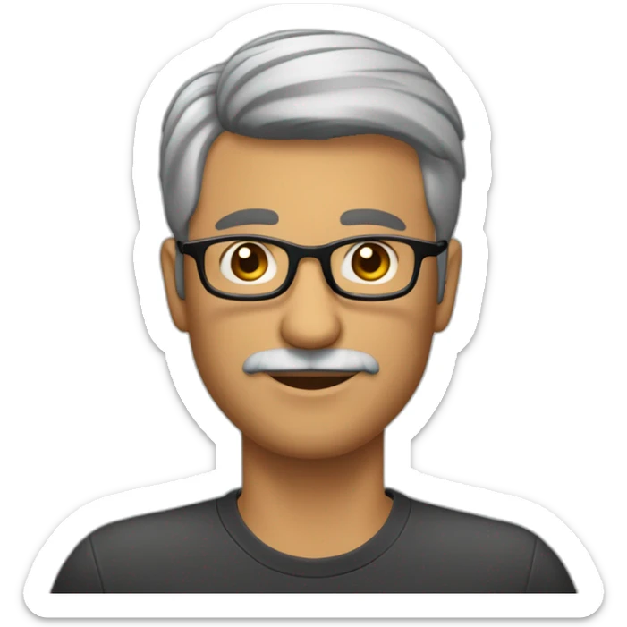 Hombre 40 años, cabello negro y algunas canas, con lentes, pelo corto, sin barba ni bigote, con camisa sticker
