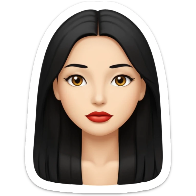 Emoji-style illustration of a sexy, confident woman with long straight black hair, smooth skin, full lips, and striking eyes. Minimal or transparent background. sticker