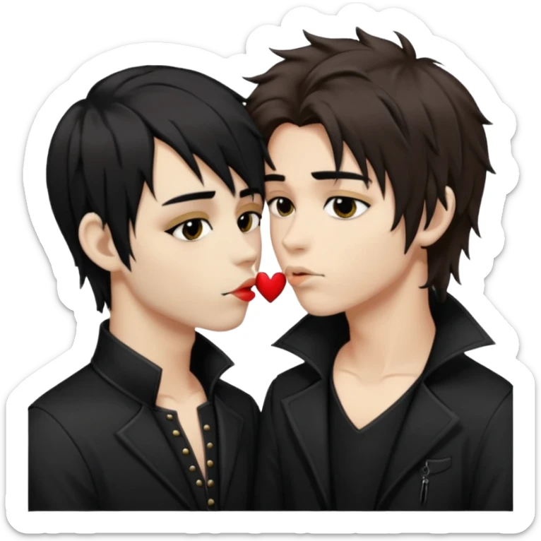 Goth Boys, one goth boy pale with shaggy brown hair and makeup, the other a goth boy tan with long black hair, kissing sticker