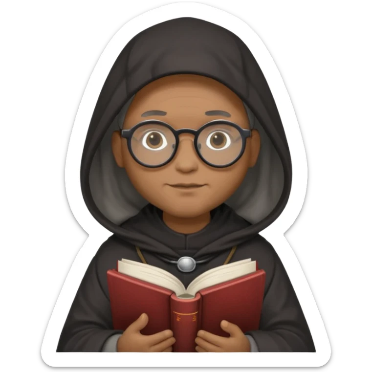 Monk priest prayer black habit with hood round black glasses done light brown wavy hair under hood remove the medallion smaller more round glassed age 46 no necklace more oval face hand holding book that says RB 480 top left is great add a little hair brown gray under hood  sticker