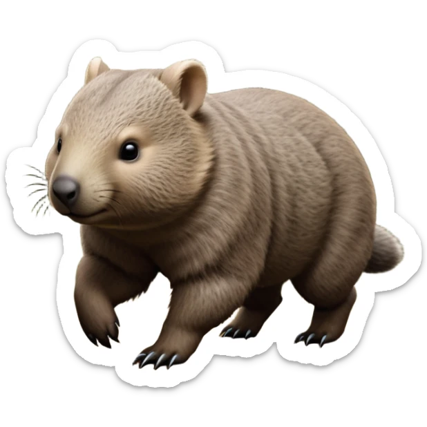 cinematic-stout wombat-realistic-full-body-waddling-emoji,-stout-muscular-frame-covered-in-coarse-brown-fur,-short-powerful-legs-trotting-determinedly-through-bushland,-round-dark-eyes-filled-with-calm-confidence,-tiny-rounded-ears-twitching-slightly,-strong-digging-claws-visible-on-sturdy-paws,-simplified-yet-realistic-focused-features,-highly-detailed,-glowing-with-a-subtle-earthy-glow sticker