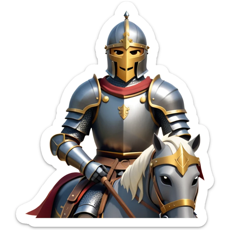 clash-of-clans-aesthetic_-cinematic-fearsome-and-majestic-knight-bust-portrait-emoji, rendered in a flat, vector-style with minimal shading and bold, simplified shapes, depicting a battle-ready medieval knight with steely eyes and intricate armor, mounted riding on a black warhorse reflecting sunlight over a misty battlefield. sticker