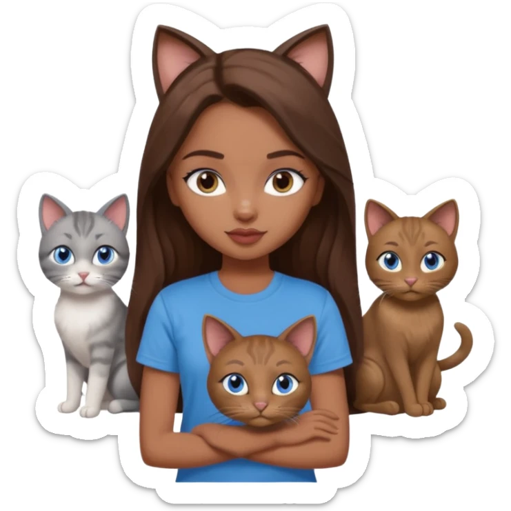 a pretty bratz dusky girl with long brown hair, blue eyes with six cats nd wearing a grey tshirt sticker