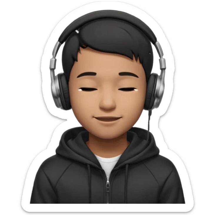 Young Black male, short hair, eyes closed, soft cheeky smile, calm and proud vibe. Dark hoodie, big black over-ear headphones. Focus on face and expression; exaggerate smile and eyes for small emoji size. Background optional. sticker