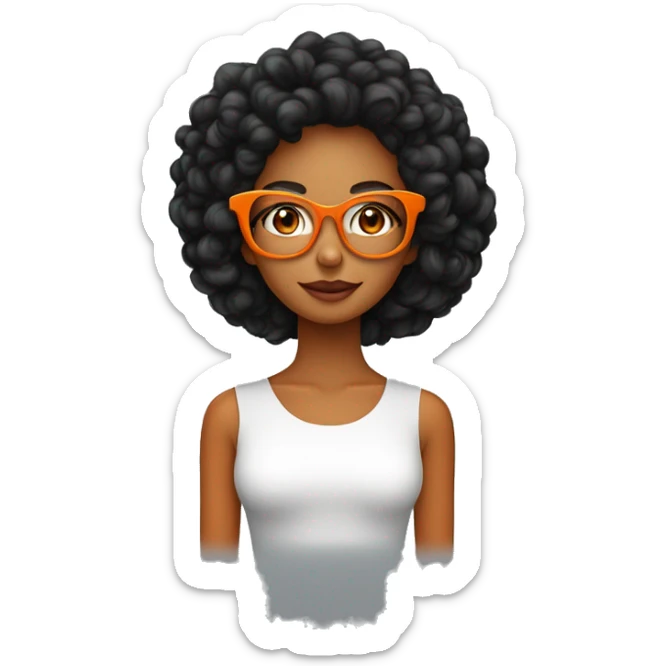 Mulher de cabelos  preto encaracolados na altura do ombro usando óculos de pele clara, com roupa laranja  sticker