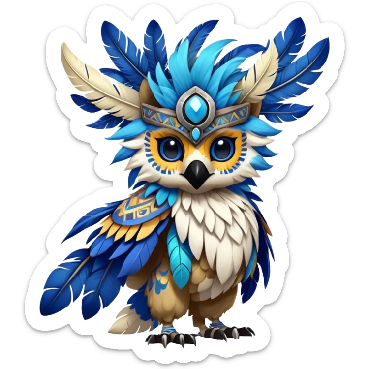 Furry cute colorful exotic tribal feral anime-styled Fakémon-Pokémon-animal-creature with a skull mask-head-face, big eyes, and a feather-mane-collar, and blue feathers, (full body), intricate pattern-markings sticker