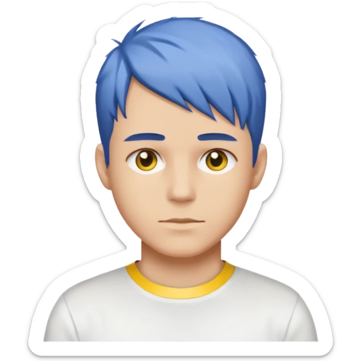 Make me an emoji that has a guy with a white shirt and yellow tape around the shirt with brown and blue hair  sticker