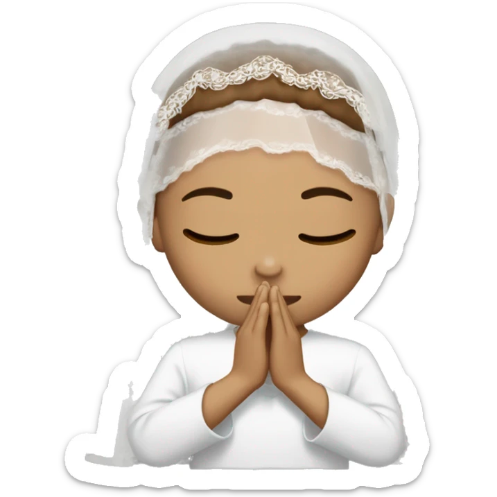 Light skin girl praying with eyes closed and lace white veil with brown boy sticker