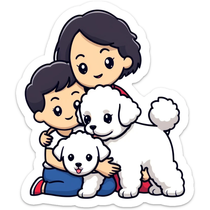 Woman with short black straight hair hugging a brown poodle and a white bichon frise sticker
