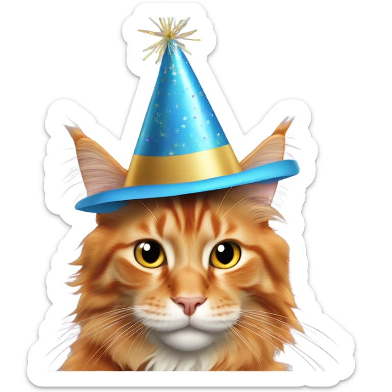 orange maine coon cat wearing a new year’s party hat sticker