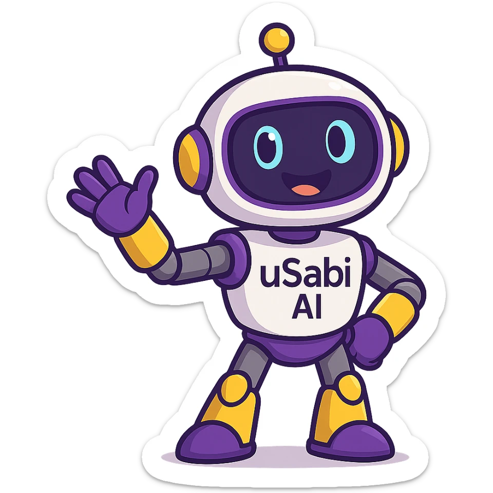 robot mascot for 'uSabi AI' with purple and yellow accents, expressive face, welcoming pose, modern techy and fun style sticker
