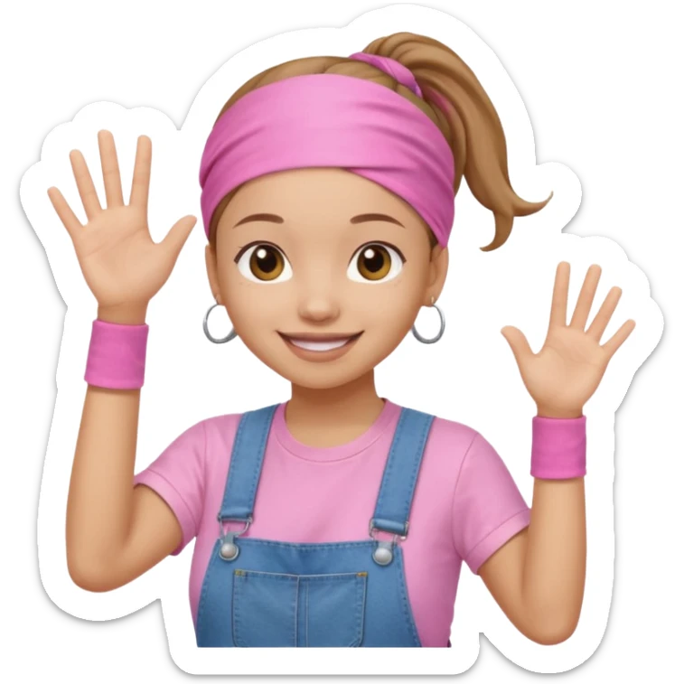 Light skin woman with brown ponytail and light pink head bandana. pink t-shirt with denim overalls. Expression is friendly with big smile and waving hello sticker