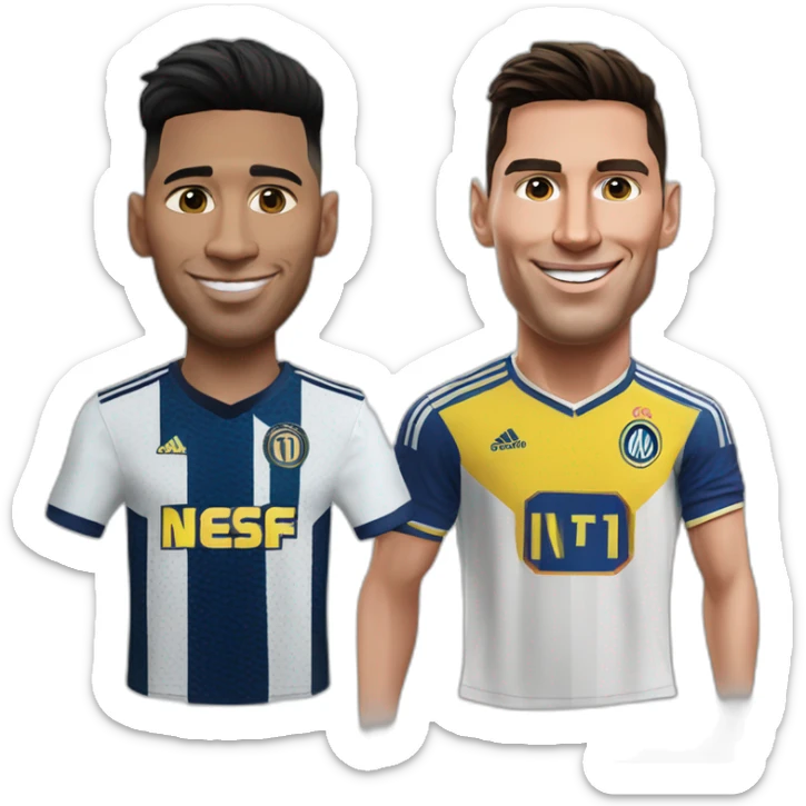Realistic Messi wearing inter Miami football shirt and realistic Cristiano Ronaldo wearing Al-Nassr football shirt sticker