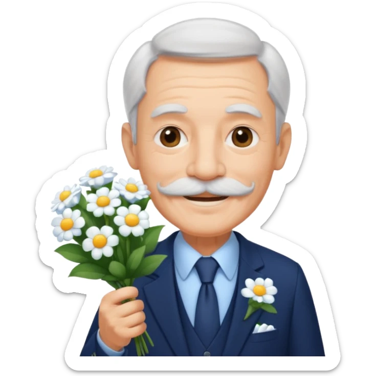 homme âgé en costume bleu foncé souriant avec moustache portant un bouquet fleurs blanche  sticker